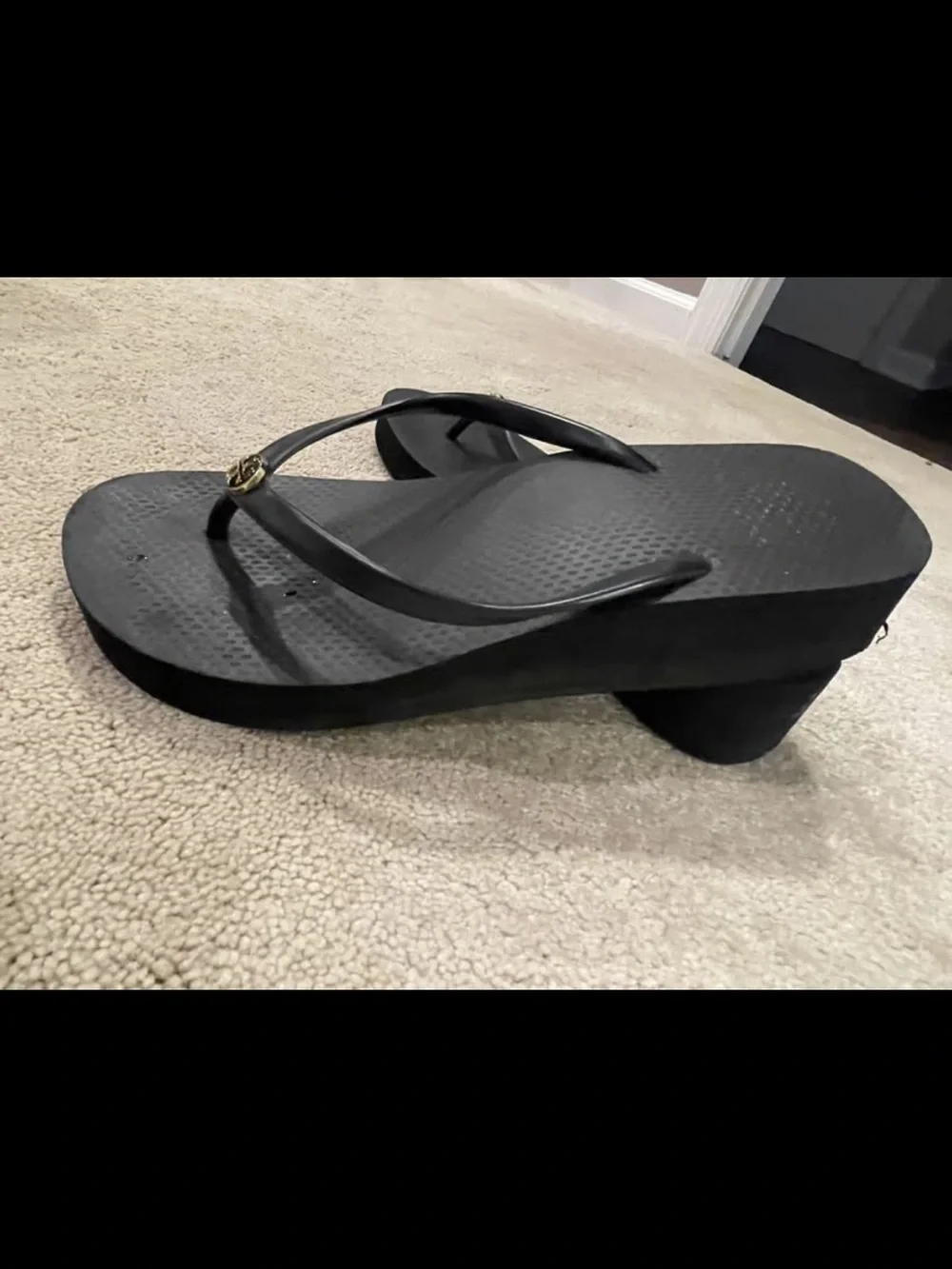 Tory Burch platform Black Flip Flops with Gold Logo Medallions